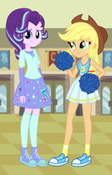 Size: 1800x2808 | Tagged: safe, artist:mixiepie, artist:osipush, artist:themexicanpunisher, artist:theshadowstone, applejack, starlight glimmer, equestria girls, canterlot high, cheerleader, clothes, cowboy hat, cute, equestria girls-ified, fingerless gloves, glimmerbetes, glimmerjack, gloves, hat, midriff, pleated skirt, pom pom, shoes, skirt, smiling, sneakers, socks, stetson