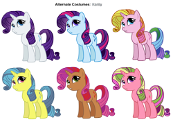 Size: 3400x2400 | Tagged: safe, artist:pika-robo, cherry spices, lemon hearts, lulu luck, rarity, sparkler (g1), pony, unicorn, g1, g3, g4, alternate costumes, female, g1 to g4, g3 to g4, generation leap, mare, palette swap, recolor, simple background, transparent background, vector