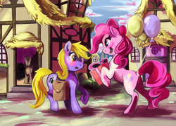 Size: 900x644 | Tagged: safe, artist:purplelemons, doctor whooves, pinkie pie, oc, earth pony, pony, balloon, blushing, happy, ponyville, present, smiling