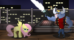 Size: 3538x1917 | Tagged: safe, artist:alcrd119, fluttershy, iron will, pegasus, pony, crossover, duke nukem, duke nukem 3d, fluttershy is not amused, gun, hollywood holocaust, unamused, weapon