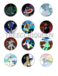 Size: 1500x1941 | Tagged: safe, artist:theecchiqueen, bon bon, derpy hooves, discord, dj pon-3, king sombra, lord tirek, lyra heartstrings, nightmare moon, octavia melody, queen chrysalis, starlight glimmer, sweetie drops, vinyl scratch, changeling, changeling queen, draconequus, earth pony, pegasus, pony, unicorn, doctor who, equal cutie mark, female, male, mare, stallion