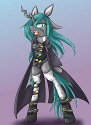 Size: 1200x1650 | Tagged: safe, artist:azurepicker, queen chrysalis, anthro, changeling, changeling queen, semi-anthro, unguligrade anthro, vampire, arm hooves, bipedal, black underwear, bravely default, cape, clothes, gradient background, looking at you, open mouth, raised hoof, simple background, solo, underwear