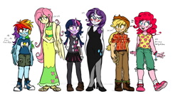 Size: 1024x540 | Tagged: safe, artist:xenon, derpibooru import, applejack, fluttershy, pinkie pie, rainbow dash, rarity, twilight sparkle, human, clothes, converse, dress, glasses, horned humanization, humanized, mane six, pony coloring, shoes, winged humanization