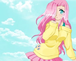 Size: 1486x1200 | Tagged: safe, artist:shinobialchemist, fluttershy, anime, breasts, clothes, female, hair over one eye, hootershy, humanized, skirt, sweater, sweatershy