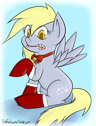 Size: 739x970 | Tagged: safe, artist:vivofortissimo, derpy hooves, pegasus, pony, bell, bell collar, candy, christmas, clothes, collar, female, hearth's warming eve, jingle bells, mare, stockings