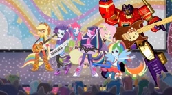 Size: 556x309 | Tagged: safe, derpibooru import, edit, edited screencap, screencap, applejack, cherry crash, fluttershy, mystery mint, paisley, pinkie pie, rainbow dash, rarity, sandalwood, scribble dee, sweet leaf, thunderbass, twilight sparkle, twilight sparkle (alicorn), velvet sky, alicorn, equestria girls, rainbow rocks, shake your tail, background human, crossover, mane six, optimus prime, ponied up, transformers