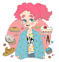 Size: 500x525 | Tagged: safe, artist:tokimekiwaku, pinkie pie, ask, ask cupcakes pinkie, cake, donut, food, humanized, pie, solo