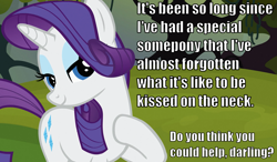 Size: 1200x700 | Tagged: safe, rarity, pony, unicorn, bedroom eyes, bronybait, caption, flirting, image macro