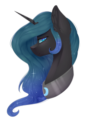 Size: 1543x2125 | Tagged: safe, artist:ohhoneybee, nightmare moon, queen chrysalis, changeling, changeling queen, pony, bust, ear fluff, female, fusion, mare, portrait, profile, simple background, solo, transparent background