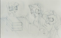 Size: 1441x900 | Tagged: safe, artist:jericoanon, starlight glimmer, sunset shimmer, twilight sparkle, twilight sparkle (alicorn), alicorn, pony, unicorn, book, reading, traditional art, twilight's counterparts