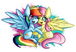 Size: 2368x1621 | Tagged: safe, artist:nekro-led, derpibooru import, fluttershy, rainbow dash, pegasus, pony, fame and misfortune, abstract background, cutie mark, eyes closed, female, hug, simple background, sitting, transparent background