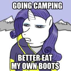 Size: 720x720 | Tagged: safe, artist:jarntazecht, rarity, pony, unicorn, bear grylls, emergency edible boots, solo