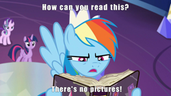 Size: 1920x1080 | Tagged: safe, derpibooru import, edit, edited screencap, screencap, rainbow dash, starlight glimmer, twilight sparkle, twilight sparkle (alicorn), alicorn, pegasus, pony, fame and misfortune, beauty and the beast, gaston, image macro, meme, text