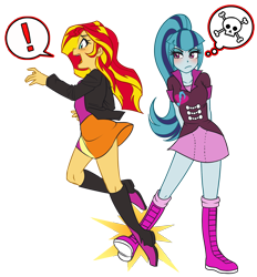 Size: 1748x1886 | Tagged: safe, artist:rileyav, sonata dusk, sunset shimmer, equestria girls, rainbow rocks, blushing, bullying, clothes, simple background, skirt, transparent background, trip, tripped, tripping