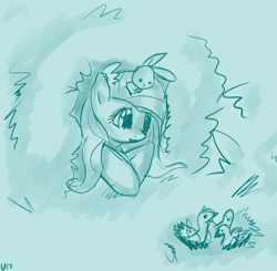 Size: 2400x2353 | Tagged: safe, artist:marisalle, angel bunny, fluttershy, bird, pegasus, pony, sketch