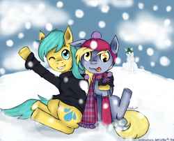 Size: 900x728 | Tagged: safe, artist:lovethemess, derpy hooves, sunshower raindrops, pegasus, pony, clothes, female, mare, scarf, snow, snowfall, snowpony, sweater, winter