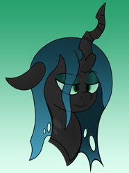 Size: 1024x1377 | Tagged: safe, artist:askshalua, queen chrysalis, changeling, changeling queen, bust, female, floppy ears, gradient background, lidded eyes, portrait, smiling, smirk, solo