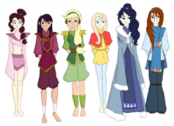 Size: 1024x742 | Tagged: safe, artist:thehappybucket, derpibooru import, applejack, fluttershy, pinkie pie, rainbow dash, rarity, twilight sparkle, human, avatar the last airbender, clothes, dress, humanized, light skin, the legend of korra, traditional art