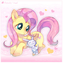 Size: 600x600 | Tagged: safe, artist:shimabo, angel bunny, fluttershy, pegasus, pony, blushing, heart, pixiv