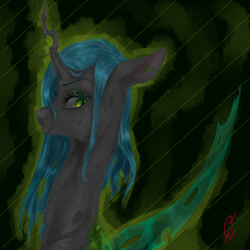 Size: 1024x1024 | Tagged: safe, artist:coconuthound, queen chrysalis, changeling, changeling queen, abstract background, female, smiling, solo