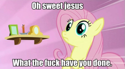 Size: 599x334 | Tagged: safe, edit, edited screencap, screencap, fluttershy, pegasus, pony, stare master, image macro, reaction image, shocked, solo, vulgar