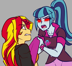 Size: 1063x982 | Tagged: safe, artist:rileyav, sonata dusk, sunset shimmer, equestria girls, rainbow rocks, bra, clothes, fangs, glowing eyes, orange underwear, red eyes, shirt lift, threatening, underwear