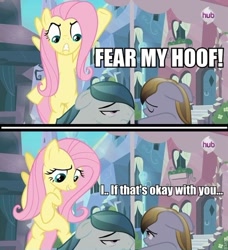 Size: 500x549 | Tagged: safe, edit, edited screencap, screencap, amber waves, crystal arrow, crystal beau, fluttershy, crystal pony, pegasus, pony, the crystal empire, comic, hub logo, image macro, meme