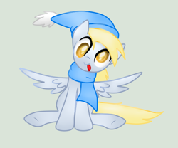 Size: 600x500 | Tagged: safe, artist:idsmehlite, derpy hooves, pegasus, pony, clothes, colored pupils, cute, female, hat, looking at you, mare, scarf, simple background, sitting, spread wings, tongue out, wings