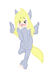 Size: 397x587 | Tagged: safe, artist:silverfang999, derpy hooves, blushing, chibi, eared humanization, eyes closed, humanized, simple background, solo, squee, tailed humanization, winged humanization