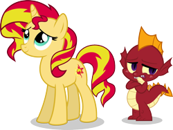 Size: 1414x1066 | Tagged: safe, artist:punzil504, garble, sunset shimmer, dragon, pony, unicorn, alternate universe, baby dragon, duo, simple background, transparent background, vector, younger