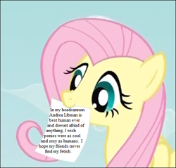 Size: 508x485 | Tagged: safe, fluttershy, pegasus, pony, blue eyes, exploitable meme, female, fluttershy's note meme, headcanon, mare, meta, mouth hold, pink mane, simple background, solo, text, wings, yellow coat