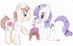 Size: 771x482 | Tagged: safe, artist:lovelye, donut joe, rarity, pony, unicorn, blushing, female, male, rarijoe, shipping, straight, traditional art