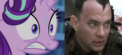 Size: 1179x526 | Tagged: safe, artist:luigi-mario, starlight glimmer, human, pony, unicorn, the crystalling, army, captain john h. miller, comparison, omaha beach, ptsd glimmer, saving private ryan, scared, starlight shellshock, sweat, terrified, thousand yard stare, tom hanks, us army, world war ii