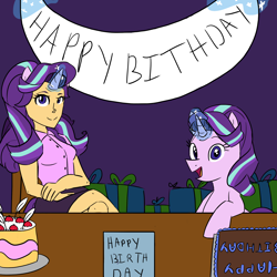 Size: 2500x2500 | Tagged: safe, artist:pandaamanda11, starlight glimmer, human, banner, birthday, birthday cake, birthday gift, cake, clothes, crossed legs, cute, eared humanization, feather, food, happy birthday, horned humanization, human ponidox, humanized, present, request, skirt, tailed humanization