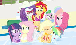 Size: 750x450 | Tagged: safe, artist:dm29, applejack, fluttershy, pinkie pie, rainbow dash, rarity, spike, sunset shimmer, twilight sparkle, twilight sparkle (alicorn), alicorn, equestria girls, barefoot, beach ball, bikini, clothes, feet, glasses, humane seven, mane seven, mane six, sole, soles, swimming pool, swimsuit