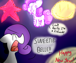 Size: 1200x1000 | Tagged: safe, artist:oneandamerf, rarity, sweetie belle, pony, unicorn, fireworks, new year, silly belle