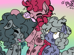 Size: 320x240 | Tagged: safe, artist:ponypocky317, limestone pie, marble pie, pinkie pie, earth pony, pony, brush, dirty, pie sisters, thick eyebrows, younger