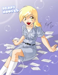 Size: 2550x3288 | Tagged: safe, artist:shinta-girl, derpy hooves, blonde hair, clothes, female, humanized, mail, solo