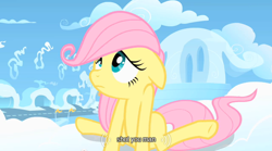 Size: 640x355 | Tagged: safe, screencap, fluttershy, pegasus, pony, female, filly, pink mane, pink tail, solo, wings, yellow coat, youtube caption