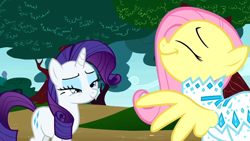 Size: 640x360 | Tagged: safe, screencap, fluttershy, rarity, pegasus, pony, unicorn, green isn't your color, nudie suit
