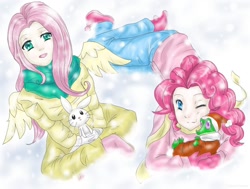 Size: 1024x774 | Tagged: safe, artist:chiisaitenshii, angel bunny, fluttershy, gummy, pinkie pie, female, flutterpie, humanized, lesbian, shipping, snow, snowfall, winged humanization