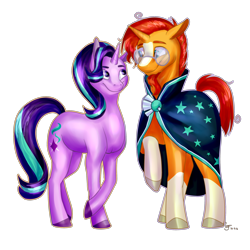 Size: 2500x2500 | Tagged: safe, artist:procrastinationdoods, starlight glimmer, sunburst, pony, unicorn, crossed hooves, cute, eye contact, facial hair, female, floppy ears, glasses, goatee, male, messy mane, raised hoof, shipping, smiling, starburst, straight, unshorn fetlocks