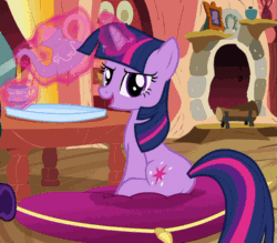 Size: 629x550 | Tagged: safe, derpibooru import, screencap, twilight sparkle, unicorn twilight, pony, unicorn, spike at your service, animated, cup, female, fireplace, glare, golden oaks library, grin, levitation, log, looking at you, magic, mare, pillow, plot, pouring, sitting, smiling, smirk, solo, table, talking, tea, teacup, teapot, telekinesis, wood