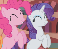 Size: 703x590 | Tagged: safe, screencap, pinkie pie, rarity, earth pony, pony, unicorn, duo, duo female, female, mare, pink coat, pink mane, purple mane, white coat