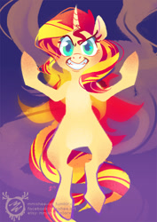 Size: 600x849 | Tagged: safe, artist:mmishee, sunset shimmer, pony, unicorn, female, floating, grin, hooves, horn, lineless, looking at you, mare, smiling, solo, teeth