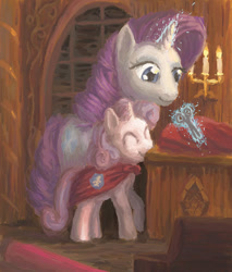 Size: 570x668 | Tagged: safe, artist:zmok, rarity, sweetie belle, pony, unicorn, cape, clothes, scissors