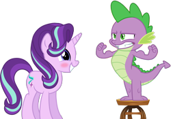 Size: 5751x4021 | Tagged: source needed, safe, artist:masem, artist:osipush, spike, starlight glimmer, dragon, pony, unicorn, absurd resolution, blushing, female, flexing, gritted teeth, male, muscles, shipping, simple background, sparlight, stool, straight, transparent background, vector