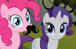 Size: 1280x821 | Tagged: safe, screencap, pinkie pie, rarity, earth pony, pony, unicorn, spike at your service, female, looking at you, mare, moustache, stare, staring into your soul