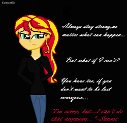 Size: 538x523 | Tagged: safe, artist:cartoon girl, sunset shimmer, equestria girls, caption, sad, simple background, solo