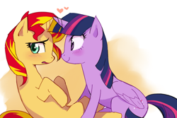 Size: 750x500 | Tagged: safe, artist:baekgup, sunset shimmer, twilight sparkle, twilight sparkle (alicorn), alicorn, pony, unicorn, blushing, female, heart, horns are touching, lesbian, shipping, sunsetsparkle